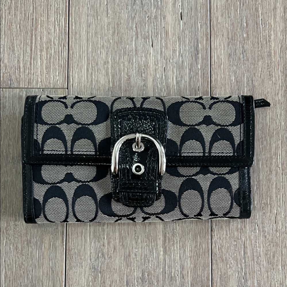 Coach Black and Khaki Signature Buckle Continental Wallet